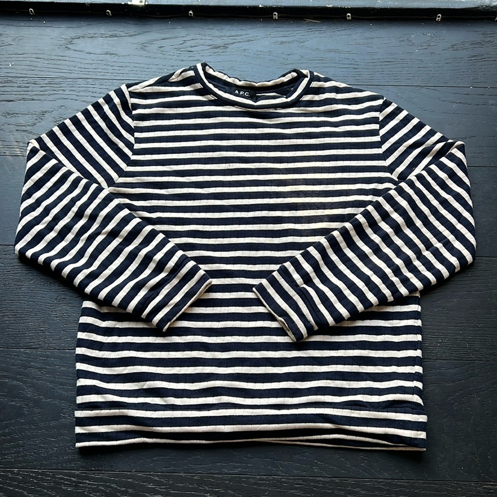 A.P.C. Long Sleeve Striped Shirt, Navy and Ivory, Size Large